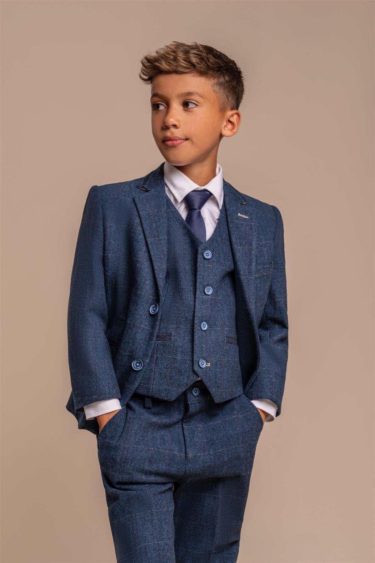 Boys Carnegi Navy Tweed Three Piece Suit...
