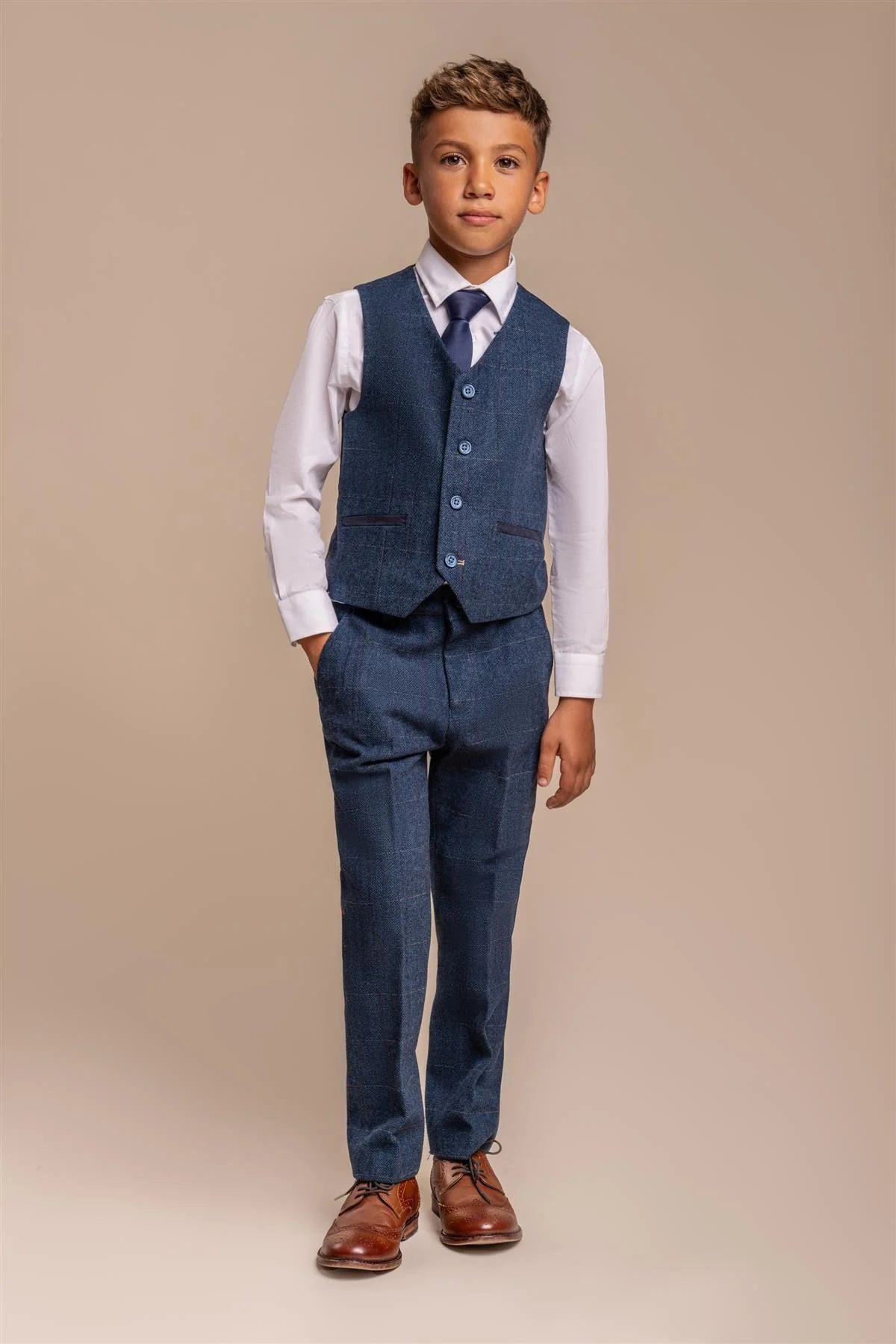 Boys Carnegi Navy Tweed Three Piece Suit...