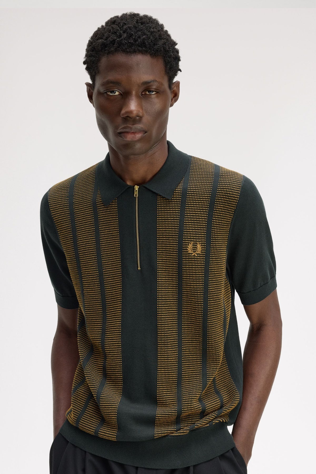 Fred Perry Textured Panel Knitted Polo Shirt Night Green