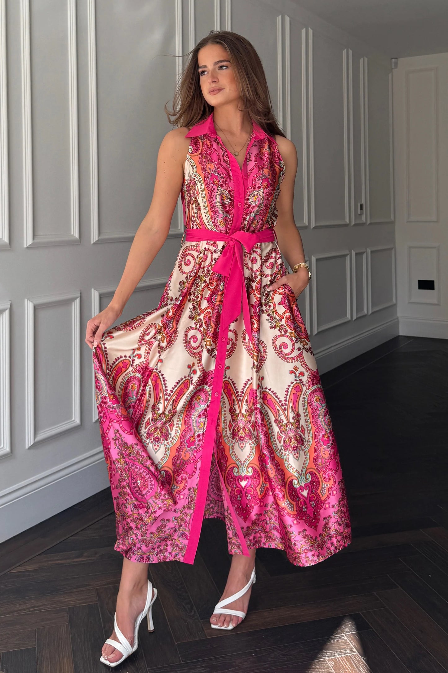 Girl in Mind Rhia Sleeveless Paisley Border Print Shirt Maxi Dress