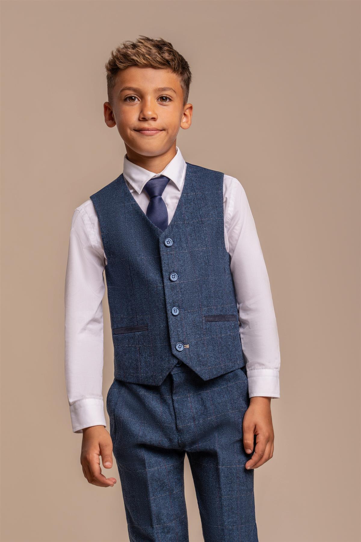 Boys Carnegi Navy Tweed Three Piece Suit...