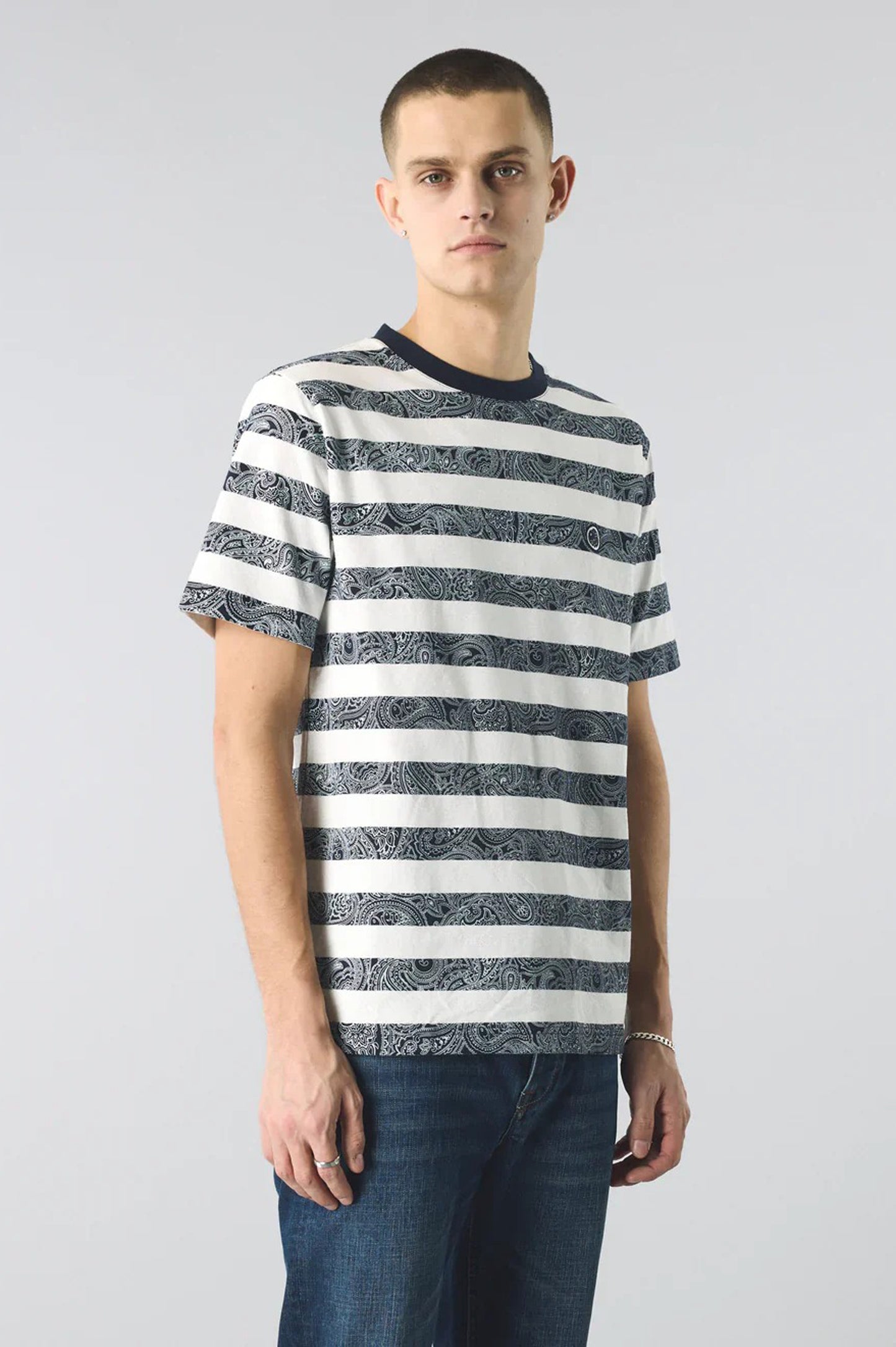 Mens Pretty Green Eclipse Paisley Stripe T-shirt (Navy)